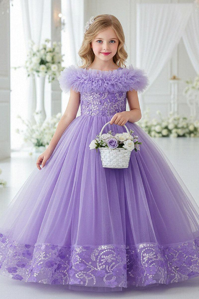 A-Line Off The Shoulder Sleeves Floor Length Tulle Flower Girl Dresses 1050836973299