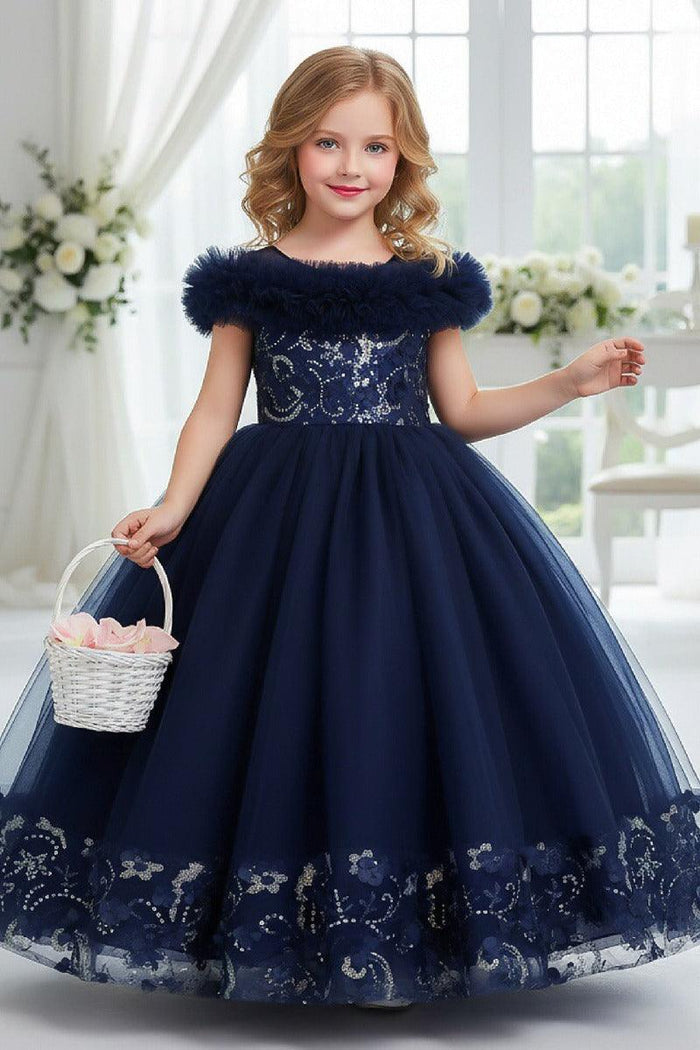 A-Line Off The Shoulder Sleeves Floor Length Tulle Flower Girl Dresses 1050836973299