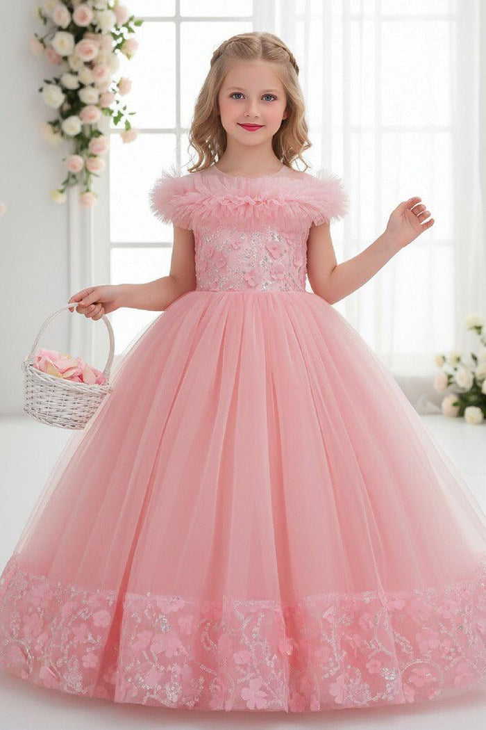 A-Line Off The Shoulder Sleeves Floor Length Tulle Flower Girl Dresses 1050836973299