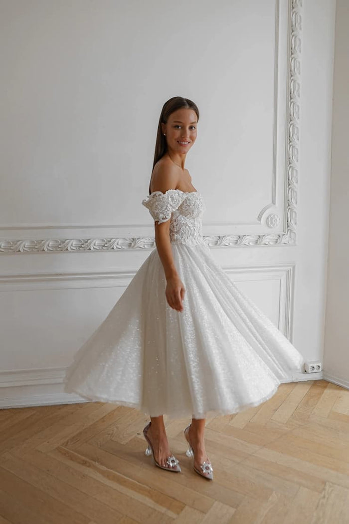 A-Line Off The Shoulder Tea-Length Wedding Dress CW3397