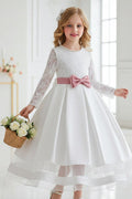 A-Line Pearl Neck Long Sleeve Satin Ankle Length Flower Girl Dresses 1049638009353