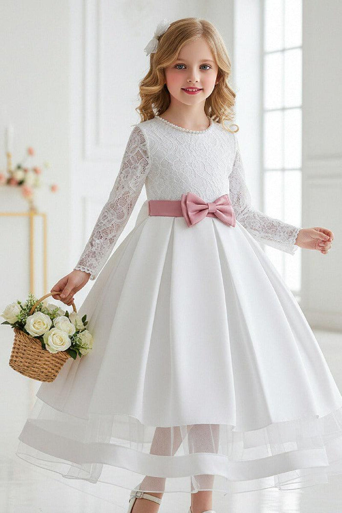 A-Line Pearl Neck Long Sleeve Satin Ankle Length Flower Girl Dresses 1049638009353