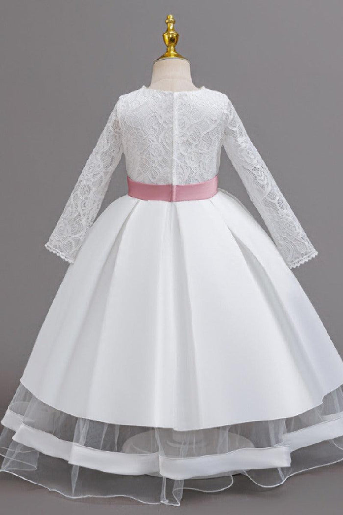 A-Line Pearl Neck Long Sleeve Satin Ankle Length Flower Girl Dresses 1049638009353