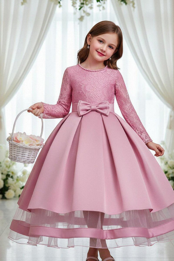 A-Line Pearl Neck Long Sleeve Satin Ankle Length Flower Girl Dresses 1049638009353