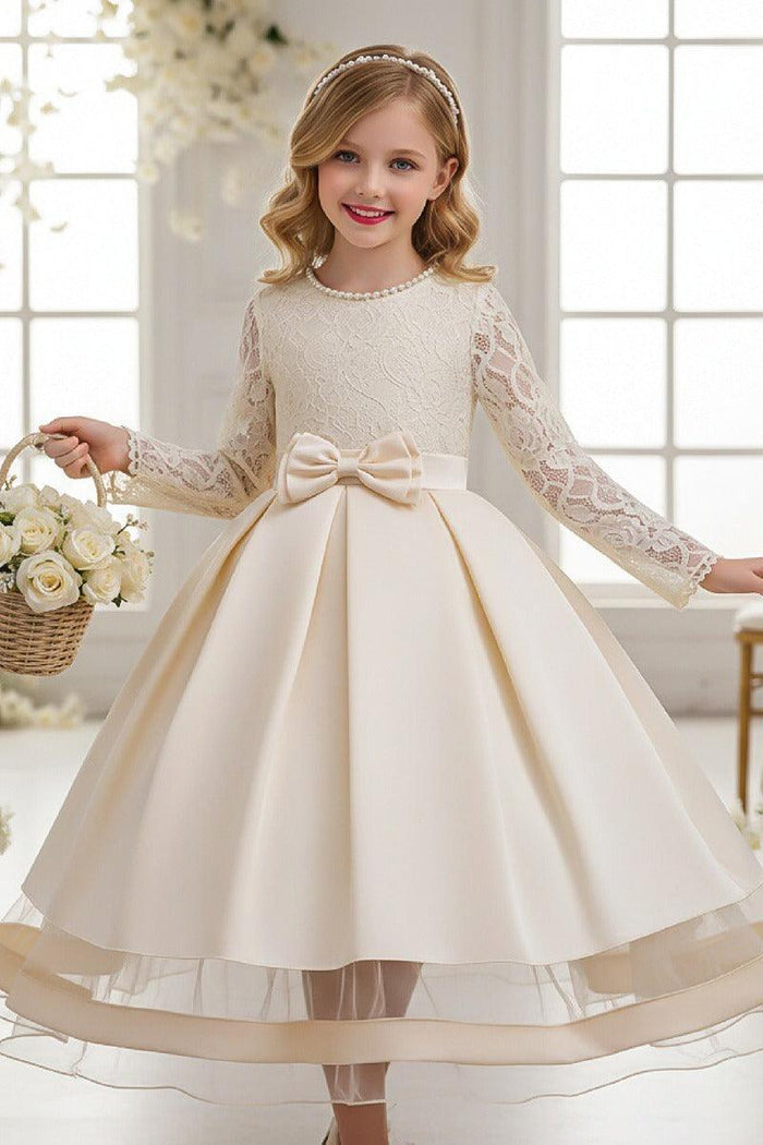 A-Line Pearl Neck Long Sleeve Satin Ankle Length Flower Girl Dresses 1049638009353