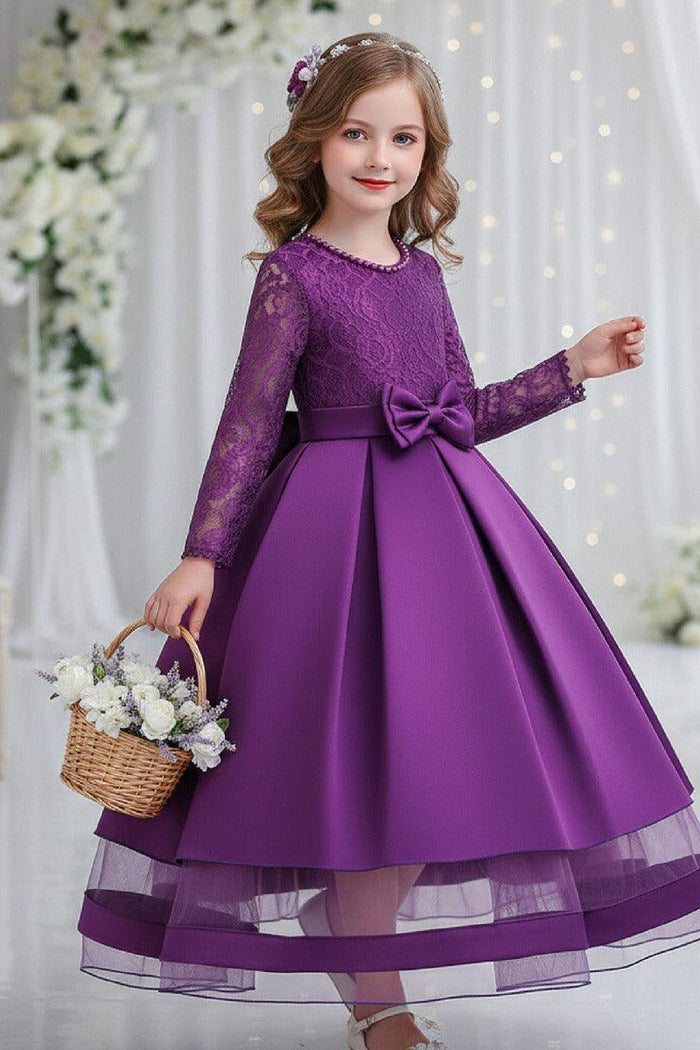 A-Line Pearl Neck Long Sleeve Satin Ankle Length Flower Girl Dresses 1049638009353