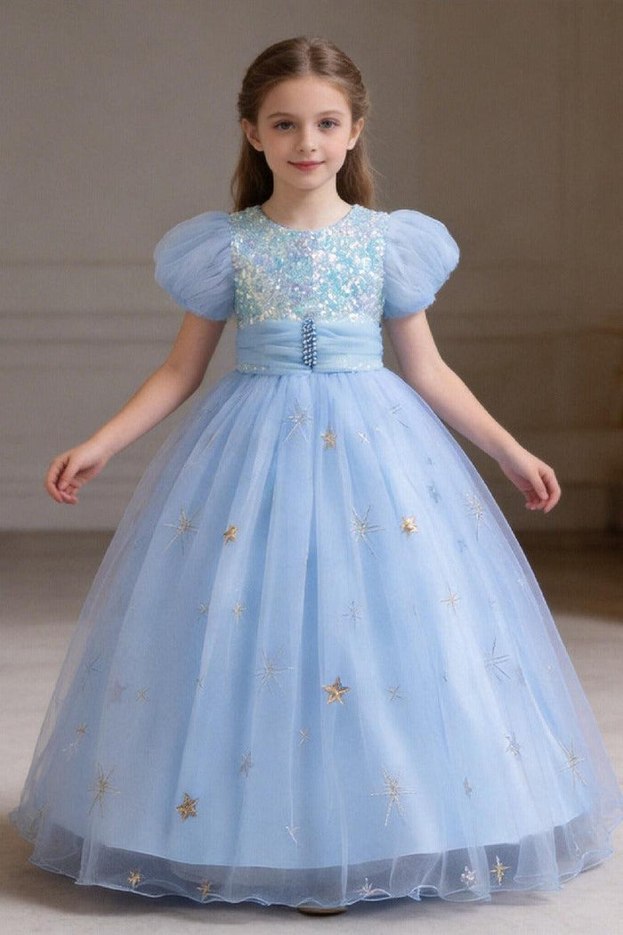A-Line Puff Sequin Bodice Tulle Floor Length Flower Girl Dresses 1030166757902