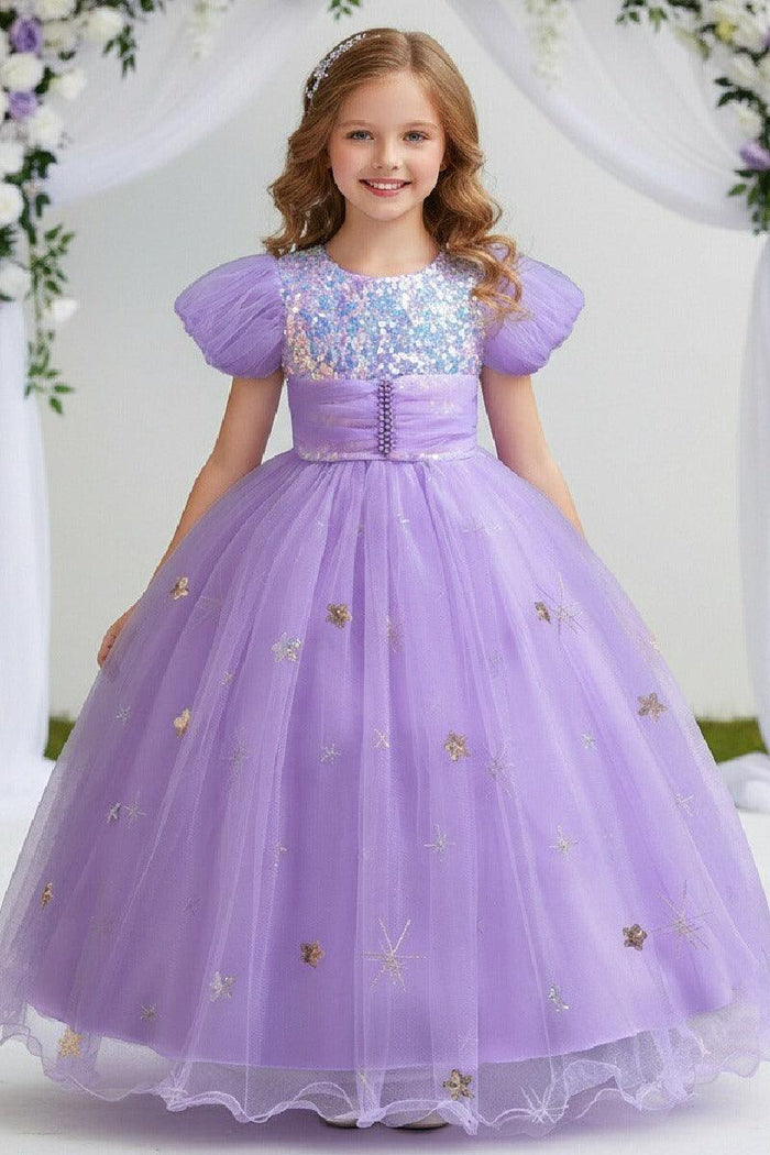 A-Line Puff Sequin Bodice Tulle Floor Length Flower Girl Dresses 1030166757902
