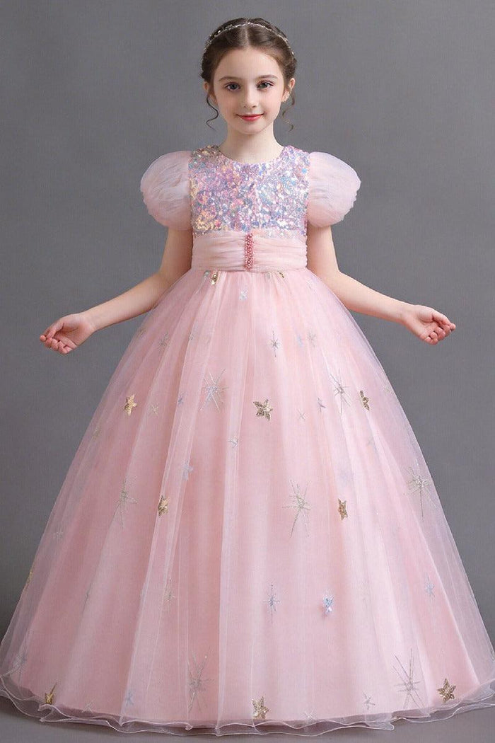 A-Line Puff Sequin Bodice Tulle Floor Length Flower Girl Dresses 1030166757902