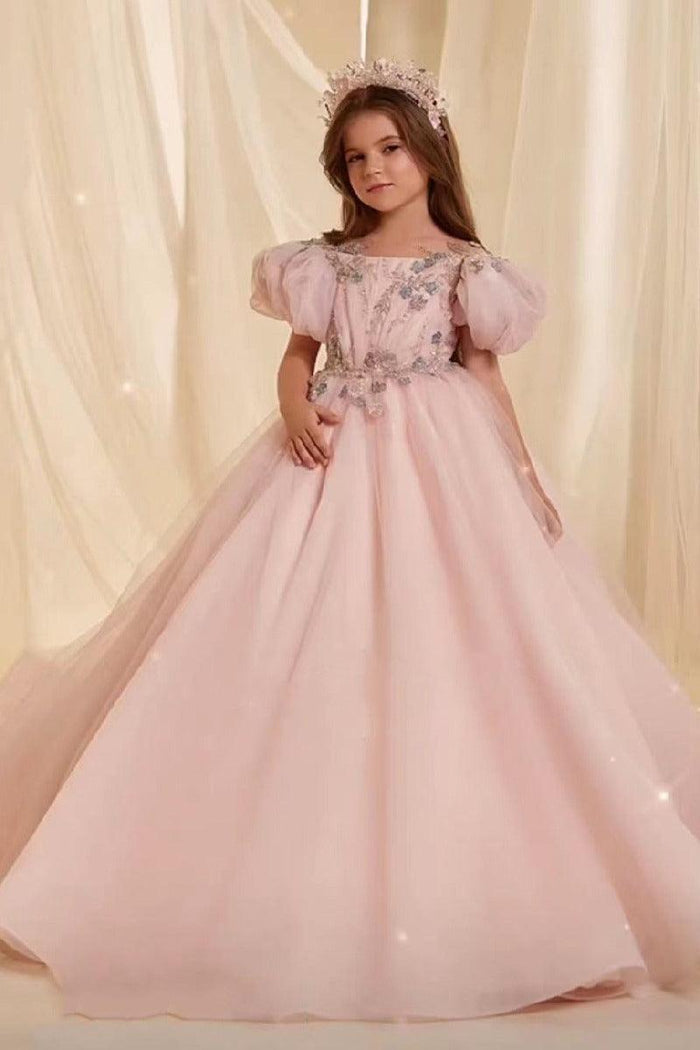 A-Line Puff Sleeves Sweep-Brush Train Illusion Flower Girl Dresses 769681401101