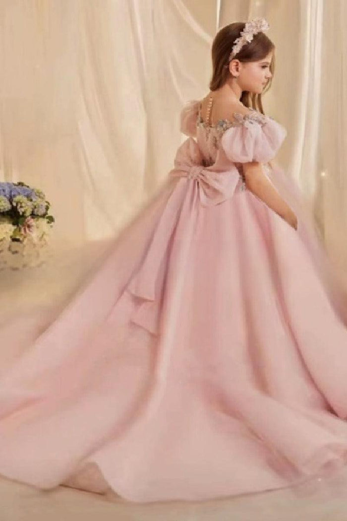 A-Line Puff Sleeves Sweep-Brush Train Illusion Flower Girl Dresses 769681401101