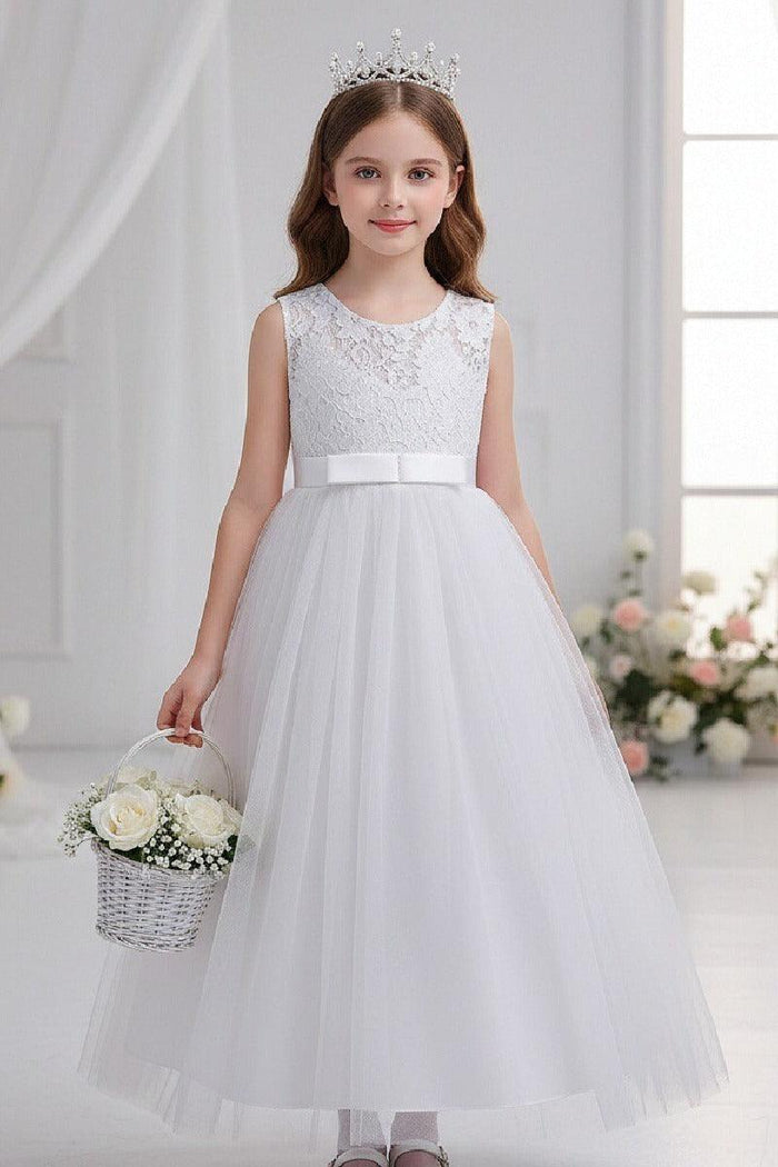 A-Line Round Neck Sleeveless Floral Lace Floor Length Tulle Flower Girl Dresses 1030687853202
