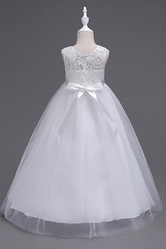 A-Line Round Neck Sleeveless Floral Lace Floor Length Tulle Flower Girl Dresses 1030687853202