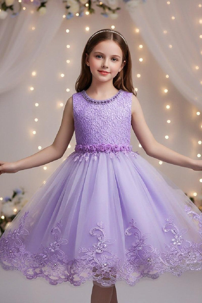 A-Line Round Neck Sleeveless Lace Short Tulle Knee Length Flower Girl Dresses 1029768430343