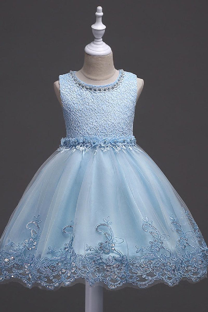 A-Line Round Neck Sleeveless Lace Short Tulle Knee Length Flower Girl Dresses 1029768430343