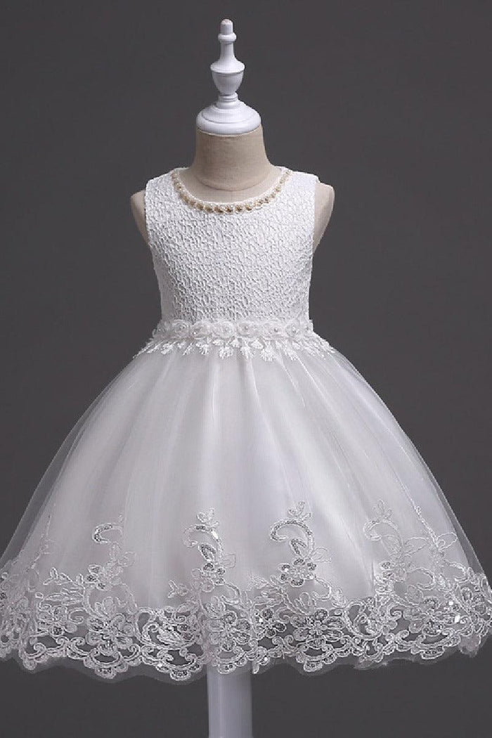 A-Line Round Neck Sleeveless Lace Short Tulle Knee Length Flower Girl Dresses 1029768430343