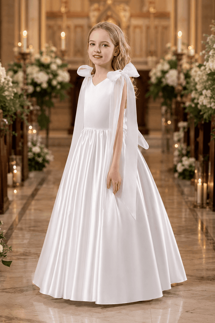 A-Line Satin Bow Shoulder Straps Sleeveless Flower Girl Dresses 955761680626