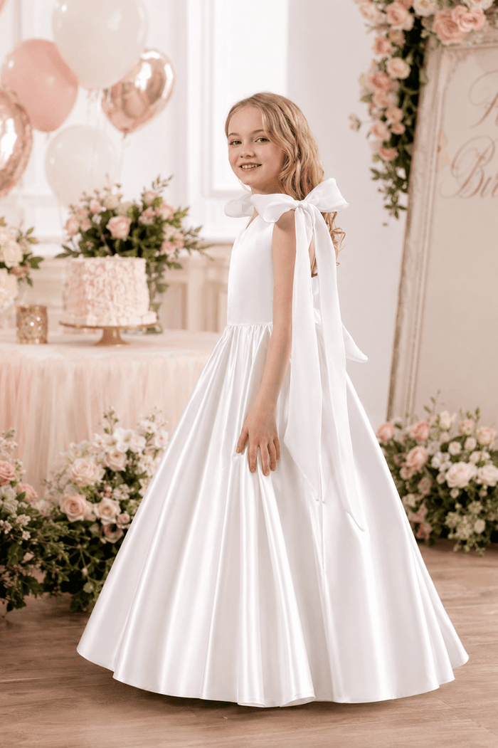 A-Line Satin Bow Shoulder Straps Sleeveless Flower Girl Dresses 955761680626