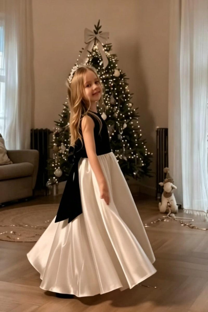 A-Line Satin Contrast Bodice with Bow Flower Girl Dresses 1009958013678