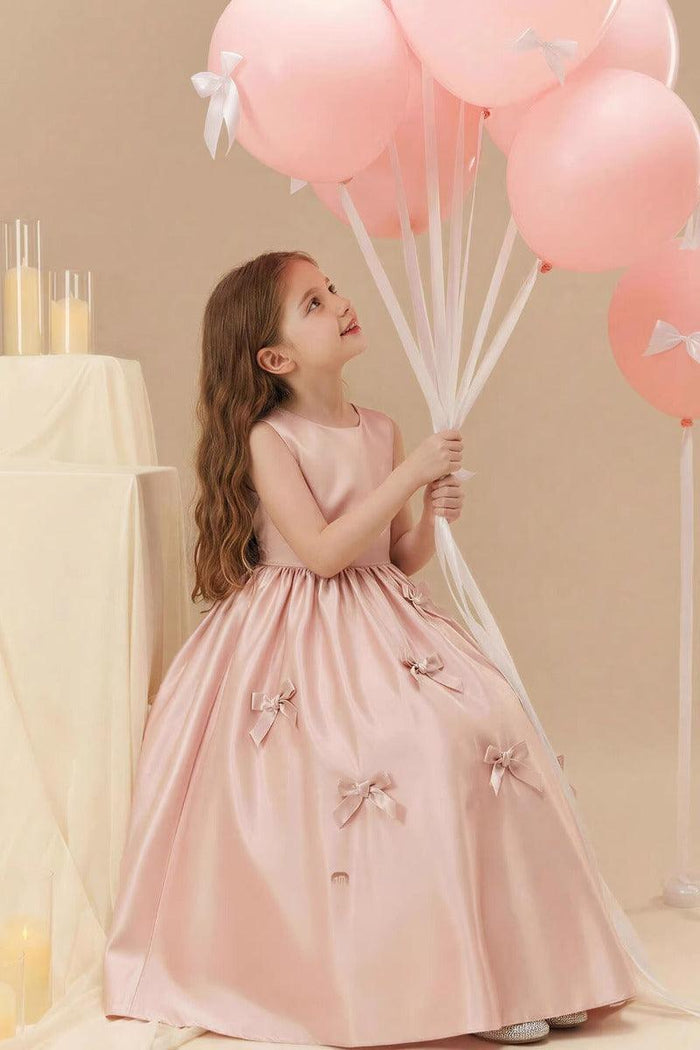 A-Line Satin Sleeveless Scattered Bow Details Flower Girl Dresses 1035117092057