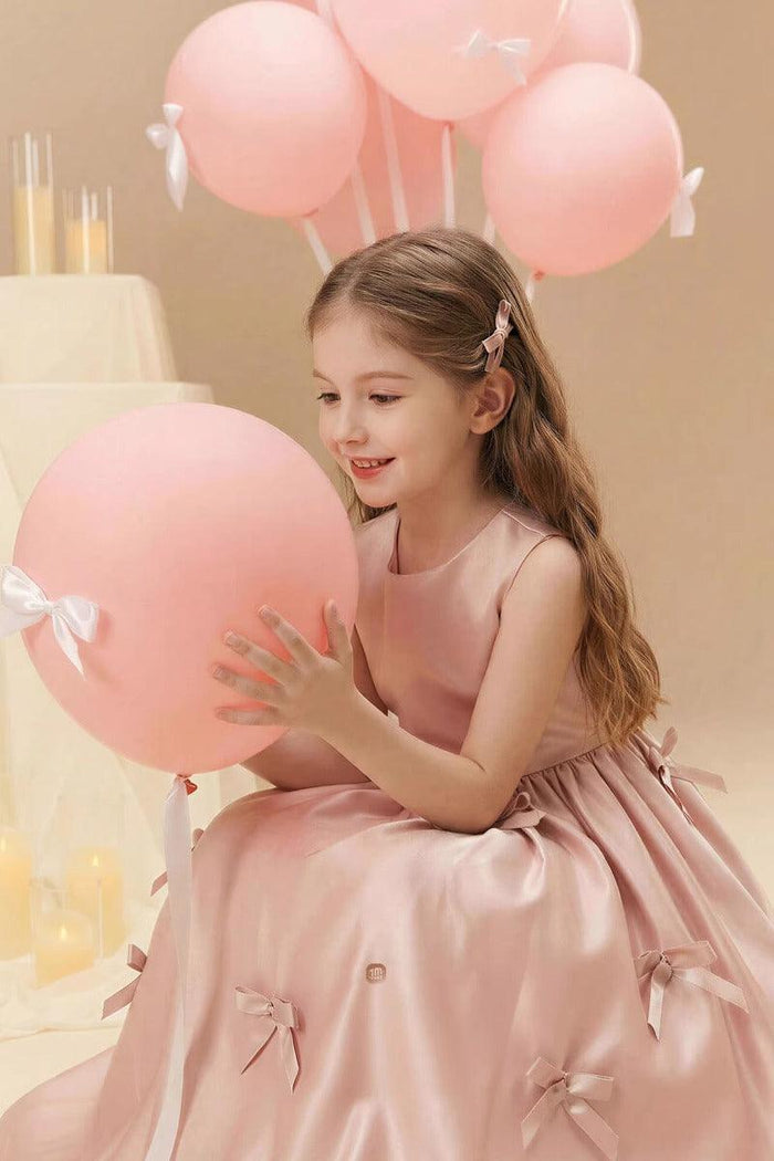 A-Line Satin Sleeveless Scattered Bow Details Flower Girl Dresses 1035117092057