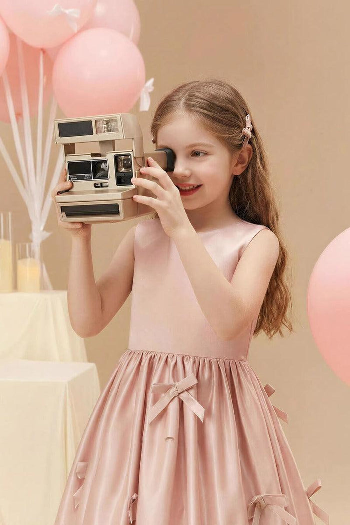 A-Line Satin Sleeveless Scattered Bow Details Flower Girl Dresses 1035117092057