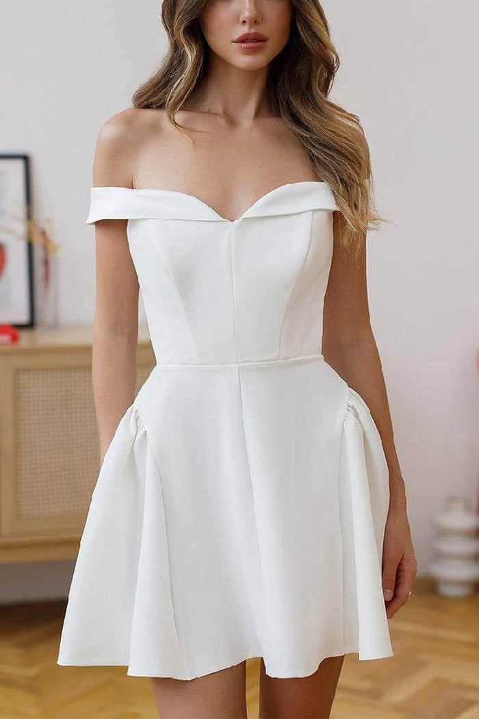 A-Line Short-Mini Elastic Cloth Little White Dress 100061 - COCOMELODY