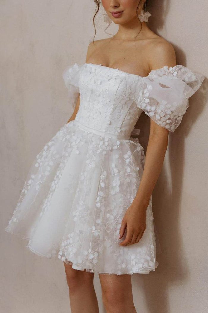 A-Line Short-Mini Lace Organza Little White Dress 100040 - COCOMELODY