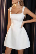 A-Line Short-Mini Satin Little White Dress 100050 - COCOMELODY