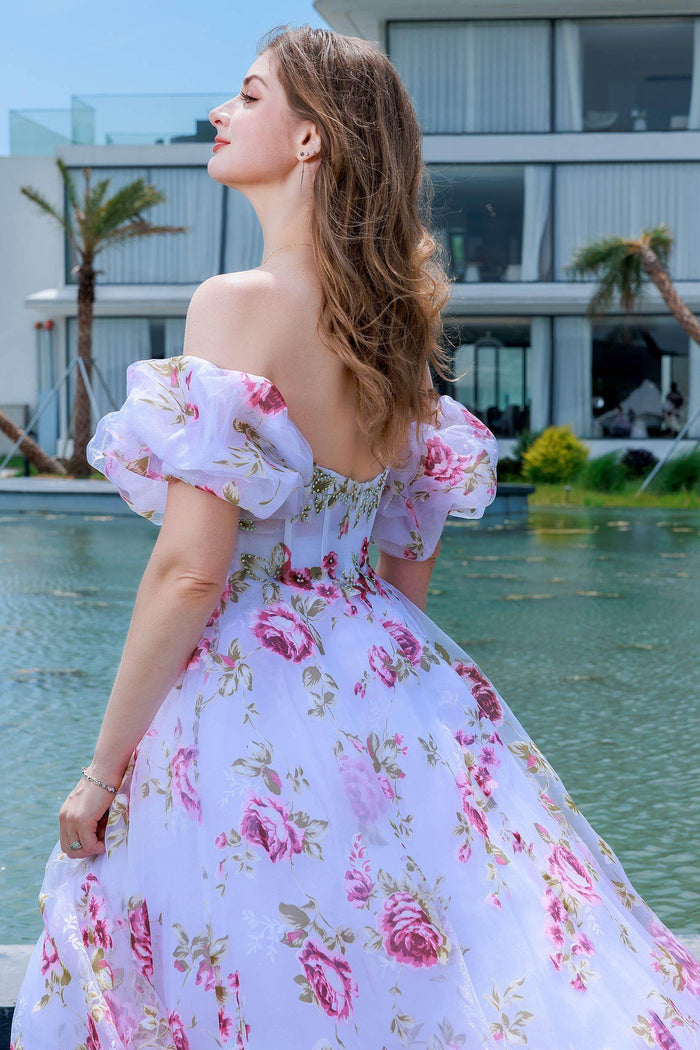 A-Line Sweep-Brush Train Figured Cloth Prom Dress CS0495 - COCOMELODY