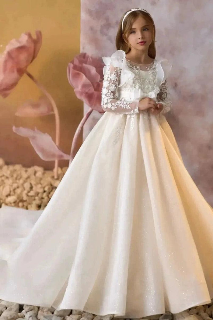 A-Line Sweep-Brush Train Lace Appliques Flower Girl Dresses 1049431577756
