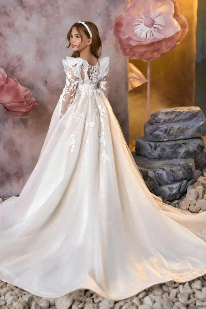A-Line Sweep-Brush Train Lace Appliques Flower Girl Dresses 1049431577756