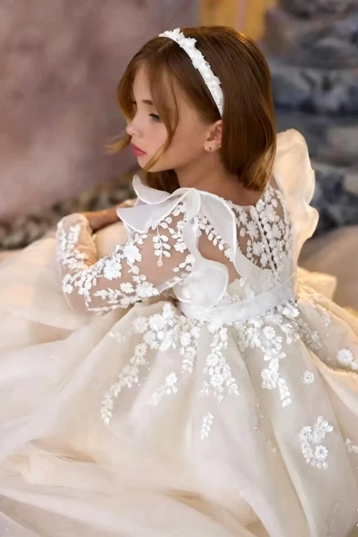 A-Line Sweep-Brush Train Lace Appliques Flower Girl Dresses 1049431577756