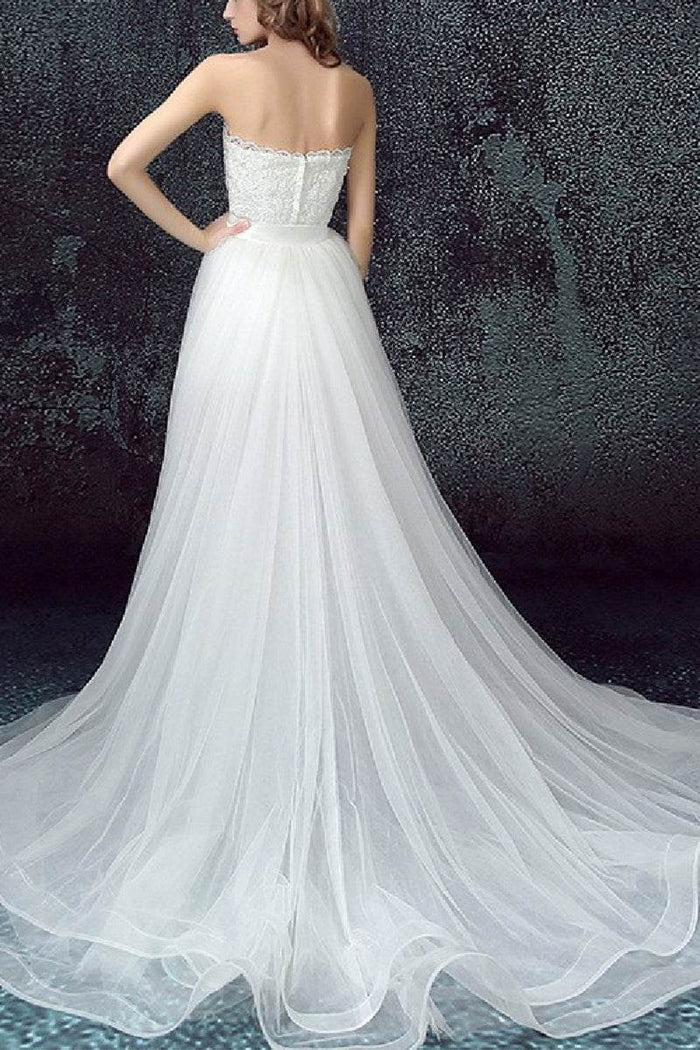 A-Line Sweep-Brush Train Lace Tulle Little White Dress 100049 - COCOMELODY
