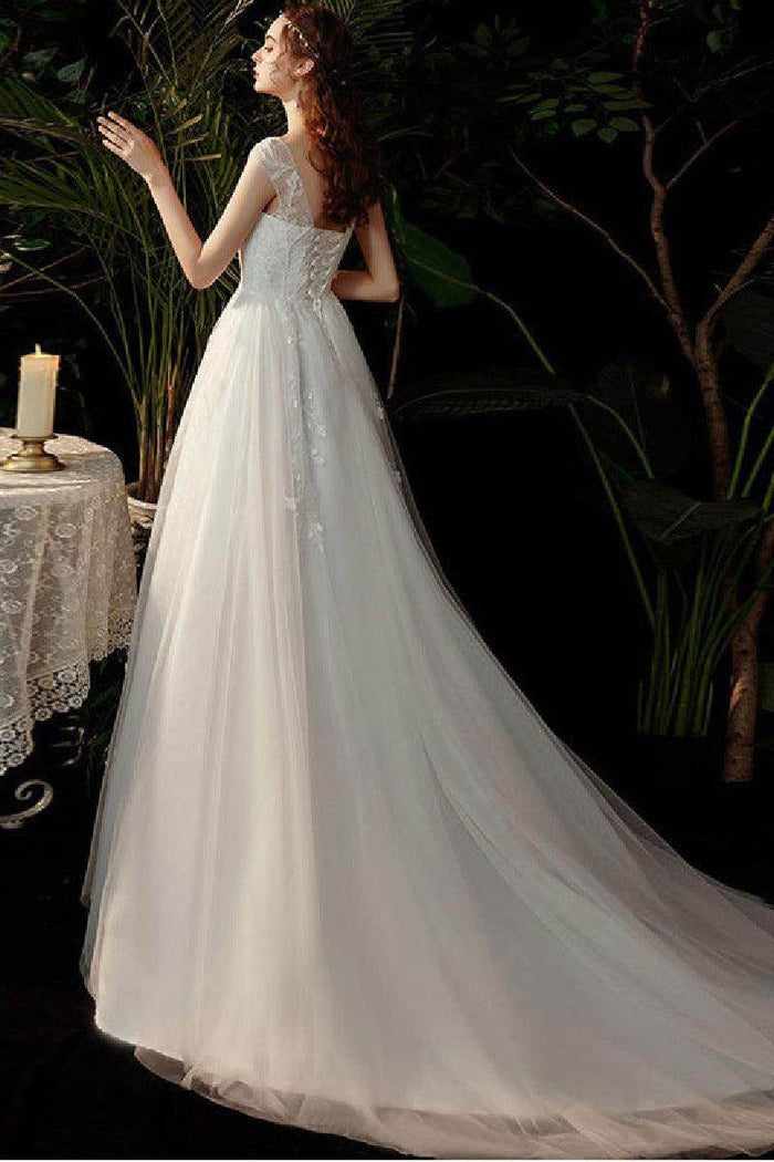 A-Line Sweep-Brush Train Lace Tulle Wedding Dress 639357461992 - COCOMELODY