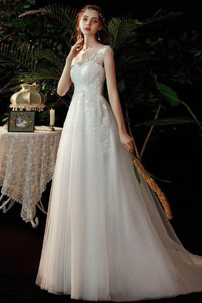 A-Line Sweep-Brush Train Lace Tulle Wedding Dress 639357461992 - COCOMELODY