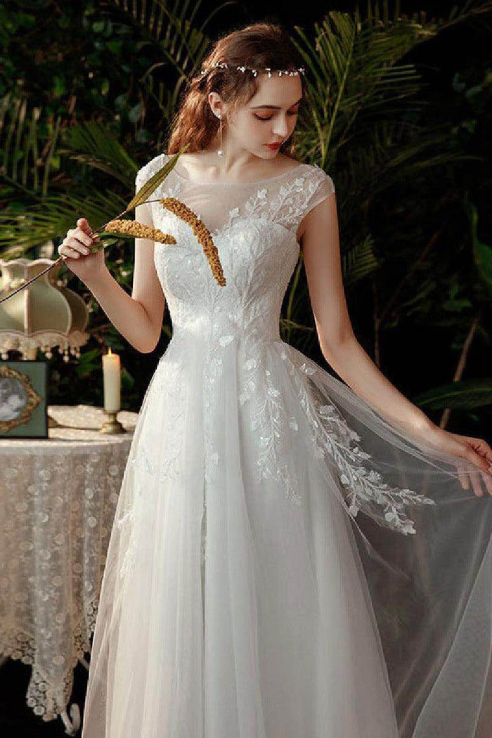 A-Line Sweep-Brush Train Lace Tulle Wedding Dress 639357461992 - COCOMELODY