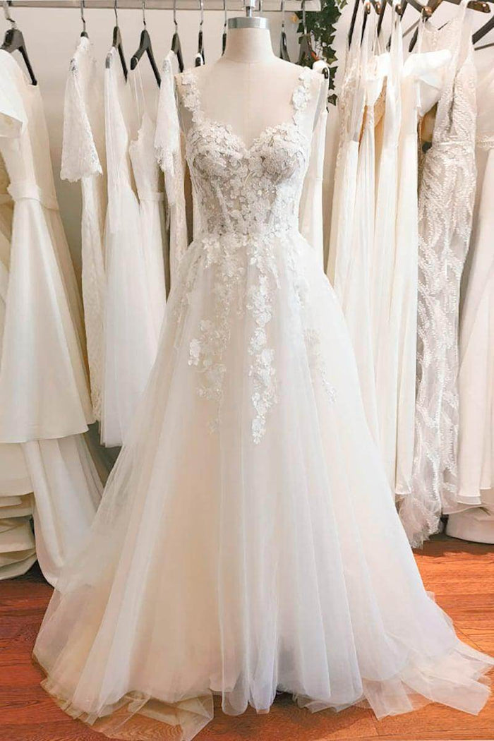 A-Line Sweep-Brush Train Lace Tulle Wedding Dress CW3101 - COCOMELODY