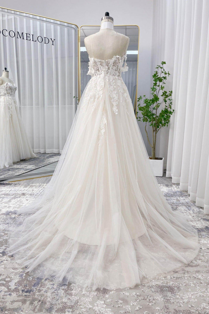 A-Line Sweep-Brush Train Lace Tulle Wedding Dress CW3101 - COCOMELODY
