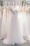 A-Line Sweep-Brush Train Lace Tulle Wedding Dress CW3102 - COCOMELODY
