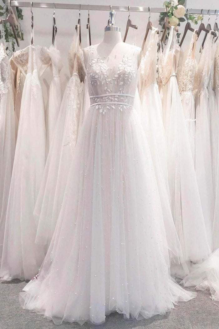 A-Line Sweep-Brush Train Lace Tulle Wedding Dress CW3102 - COCOMELODY