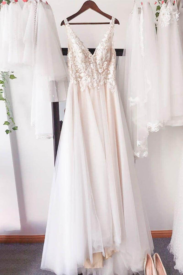 A-Line Sweep-Brush Train Lace Tulle Wedding Dress CW3108 - COCOMELODY