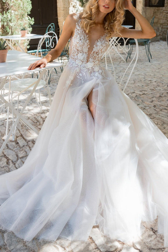 A-Line Sweep-Brush Train Lace Tulle Wedding Dress CW3115