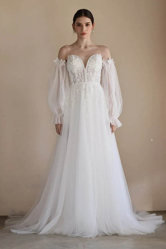 A-Line Sweep-Brush Train Lace Tulle Wedding Dress CW3548 - COCOMELODY