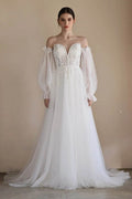 A-Line Sweep-Brush Train Lace Tulle Wedding Dress CW3548 - COCOMELODY
