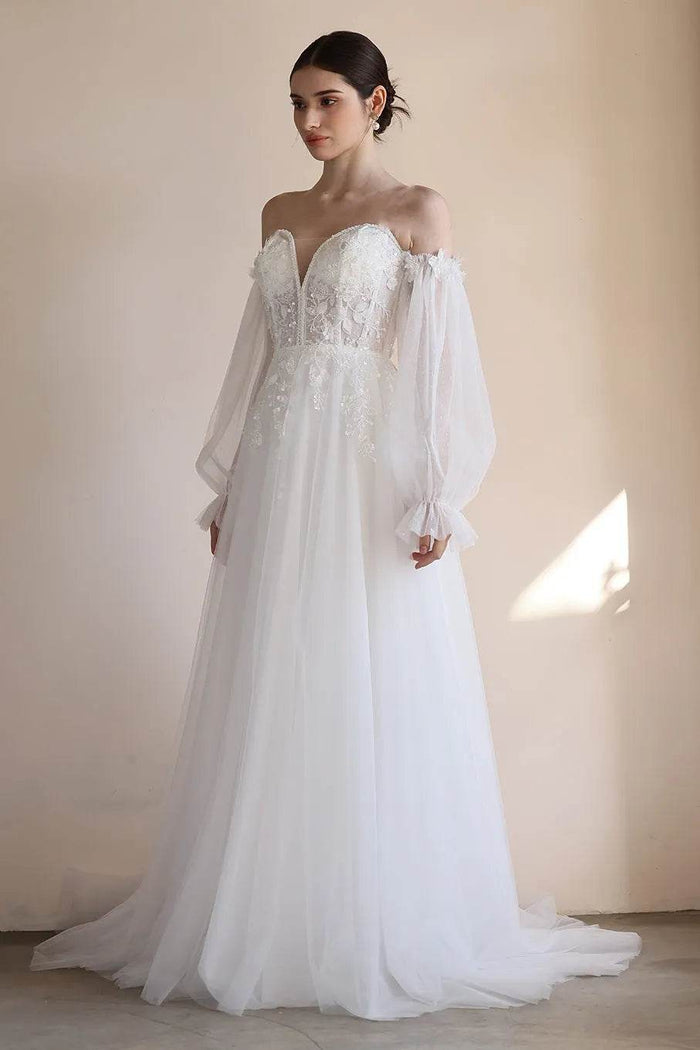A-Line Sweep-Brush Train Lace Tulle Wedding Dress CW3548 - COCOMELODY