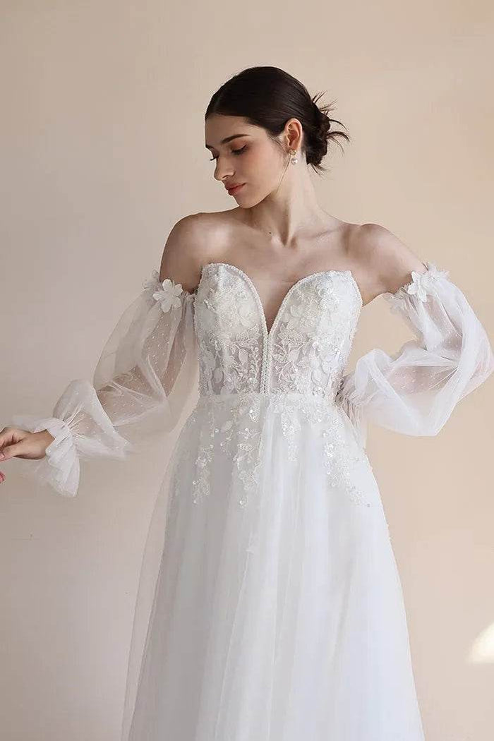 A-Line Sweep-Brush Train Lace Tulle Wedding Dress CW3548 - COCOMELODY