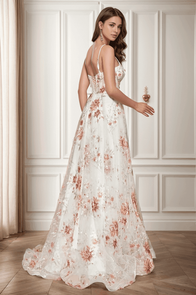 A-Line Sweep-Brush Train Print Prom Dress CS0469 - COCOMELODY