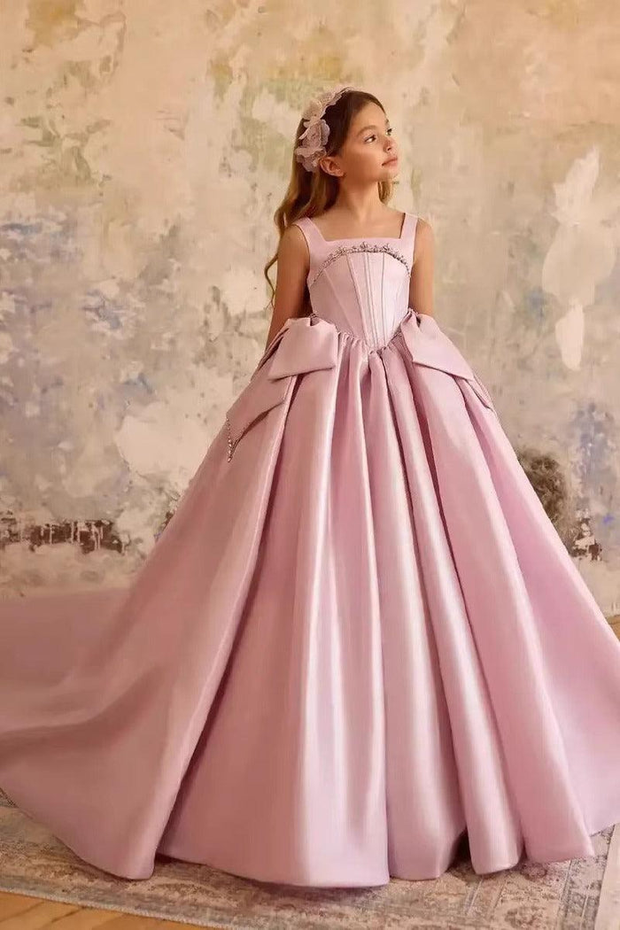 A-Line Sweep-Brush Train Satin Sleeveless Flower Girl Dresses 1024995845033