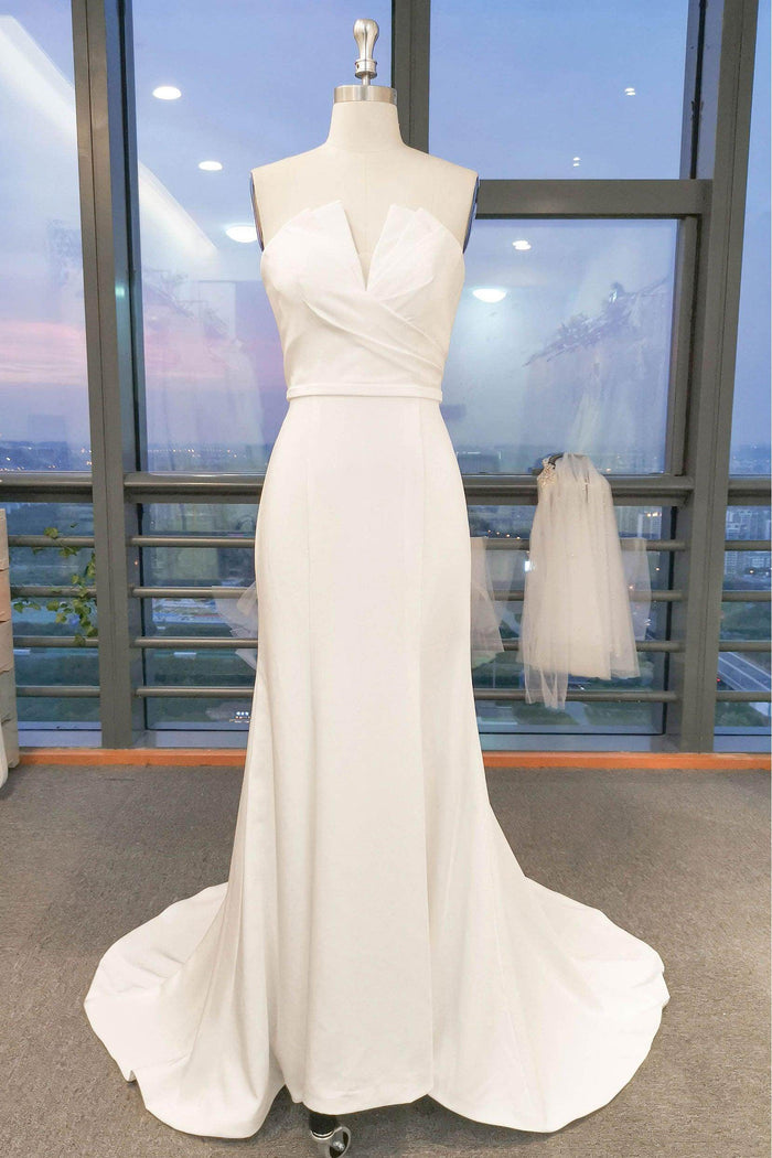 A-Line Sweep-Brush Train Satin Wedding Dress CW3104 - COCOMELODY
